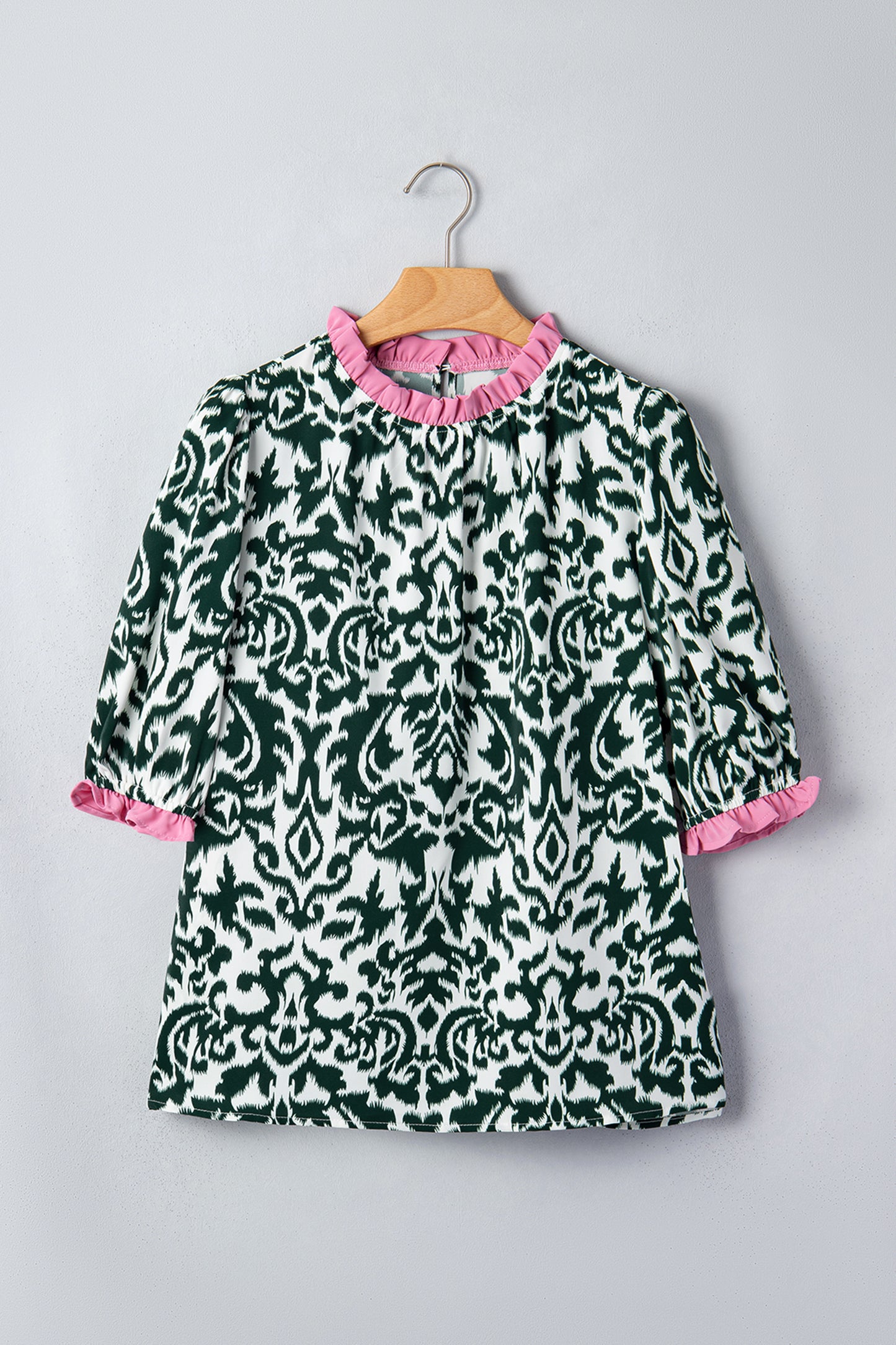 Damask Colorblock Ruffle Trim Short Sleeve Blouse