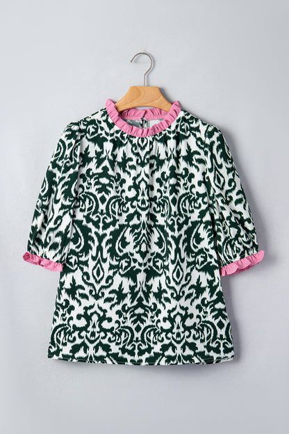 Damask Colorblock Ruffle Trim Short Sleeve Blouse