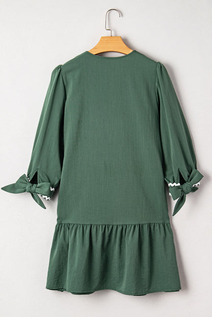 Contrast Trim Knotted 3/4 Sleeve Buttoned Dress