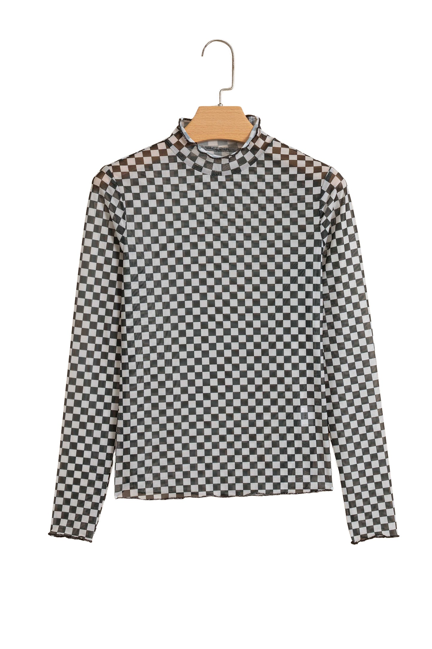 Checker Stand Neck Long Sleeve Mesh Top