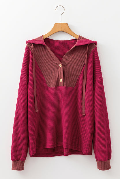 Waffle Patchwork Drop Shoulder Long Sleeve Hooded Top