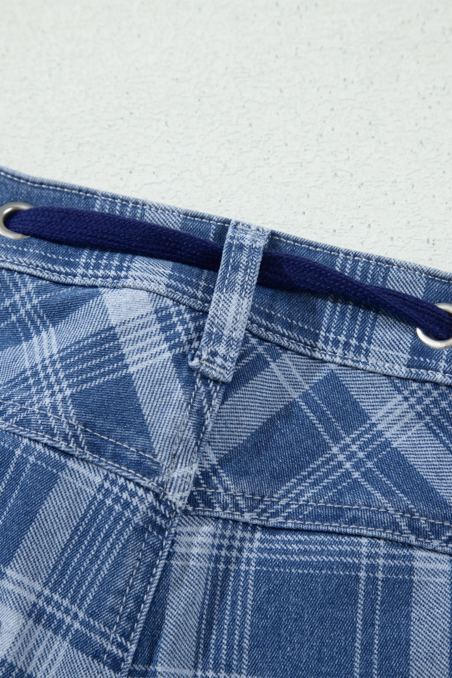 Denim Plaid Grommet Drawstring Waist Jeans