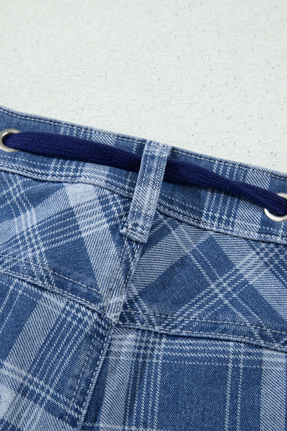 Denim Plaid Grommet Drawstring Waist Jeans