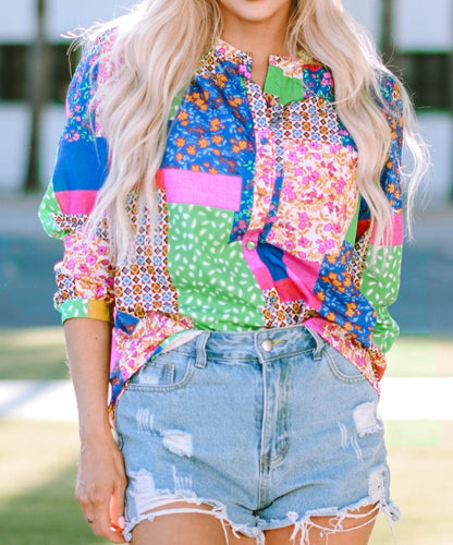 NEW! Multicolor Patchwork Buttoned Blouse