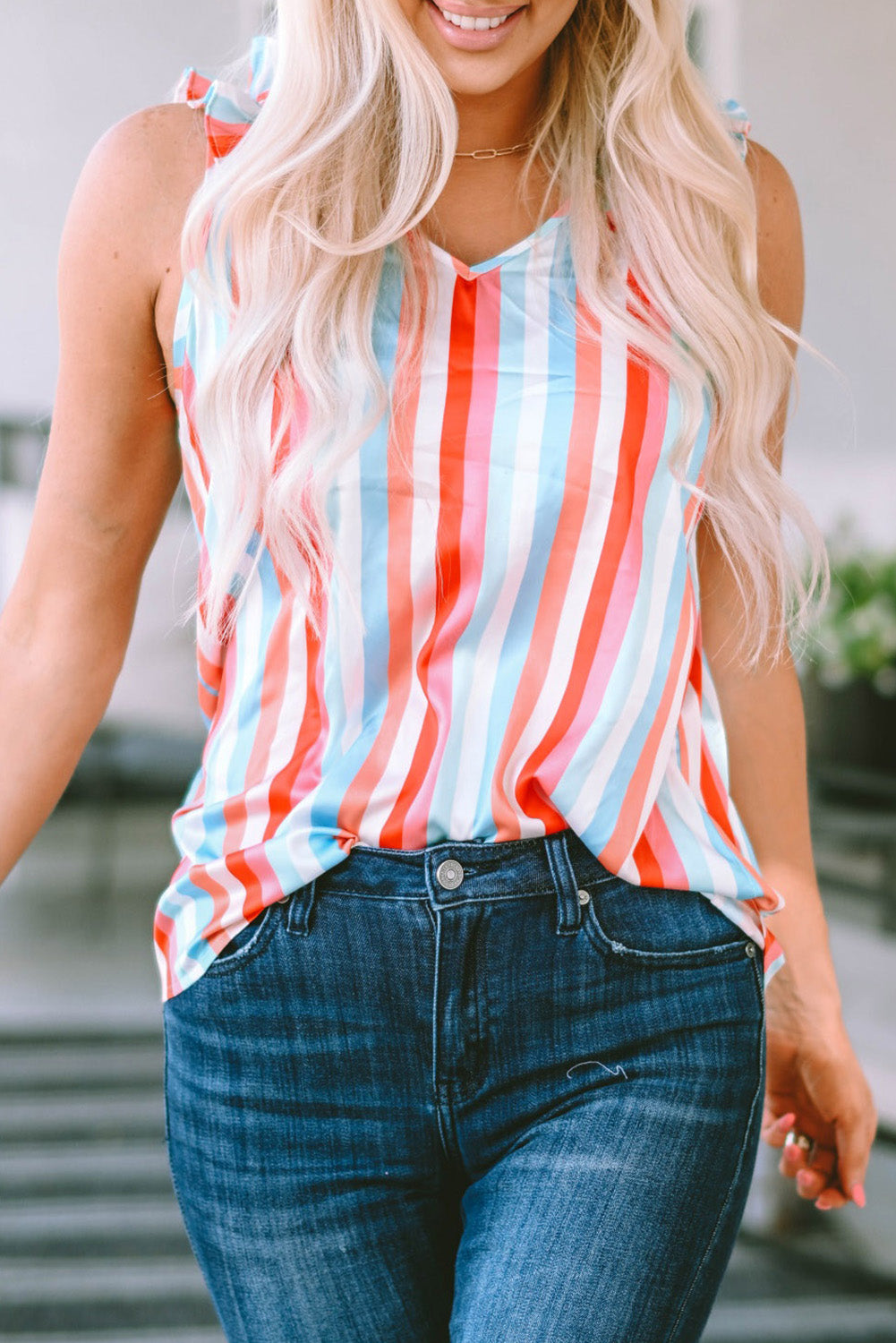 Stripe V-Neck Ruffle Straps Top