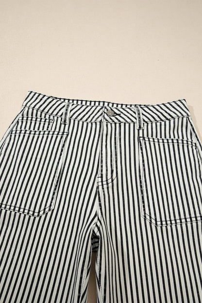 Stripe Denim High Waist Patch Pocket Jeans