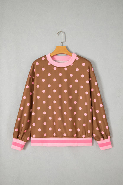Polka Dot Colorblock Trim Round Neck Sweatshirt