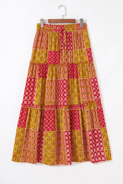 Paisley Ruffle Tiered Pocketed Maxi Skirt