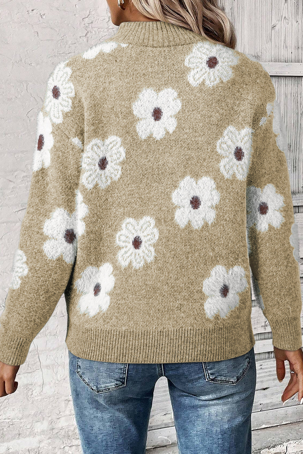 Floral Half Zip Drop Shoulder Sweater