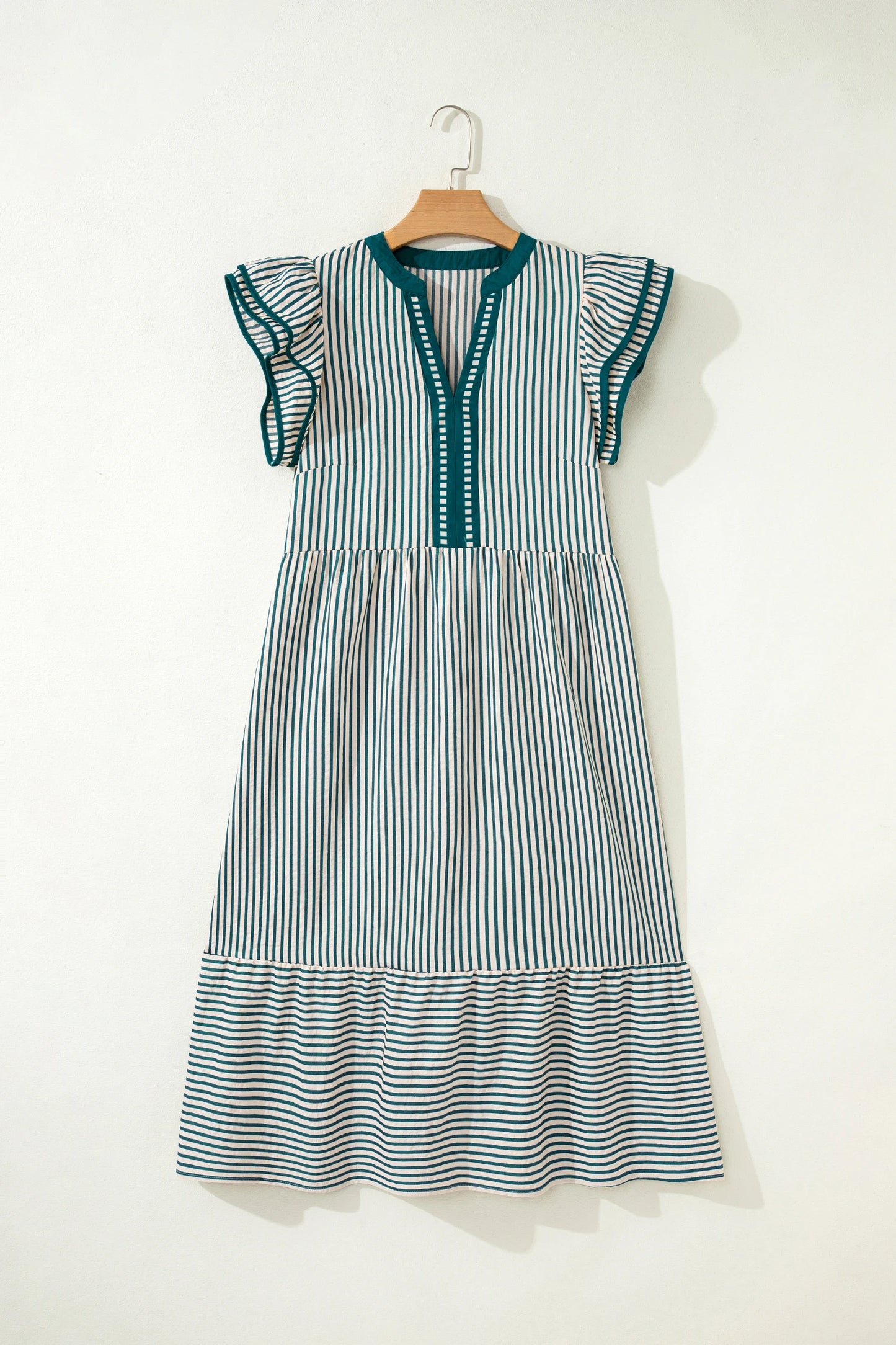 Stripe Ruffle Short Sleeve V-Neck Midi Dress