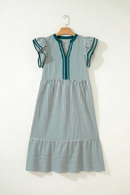 Stripe Ruffle Short Sleeve V-Neck Midi Dress
