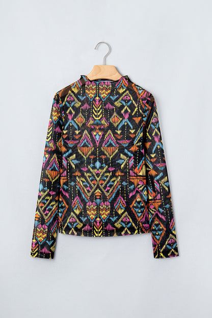 Aztec Mesh Mock Neck Long Sleeve Top