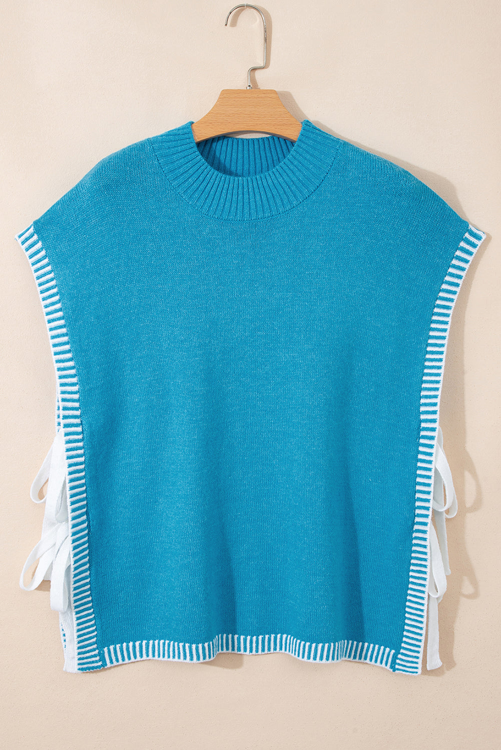 Contrast Stitch Tie Side Mock Neck Sleeveless Sweater