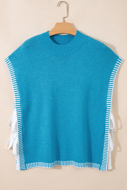 Contrast Stitch Tie Side Mock Neck Sleeveless Sweater