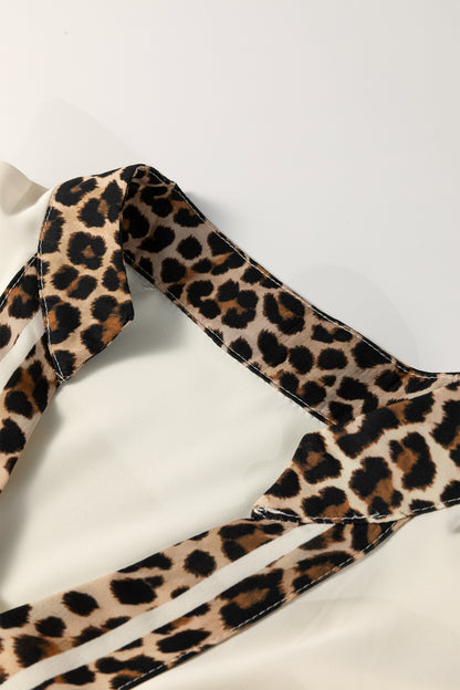 Leopard Patchwork Trim Split Neck Blouse
