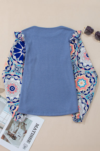 Floral Waffle Knit Patchwork Blouse