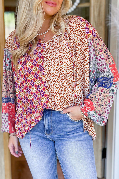 Floral Patchwork Tied V-Neck Blouse