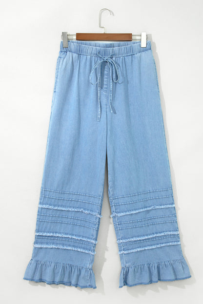 Ruffle Hem High Waist Wide Leg Chambray Pants