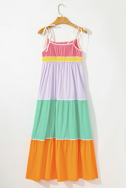 Colorblock Self-Tie Straps Pocketed Flowy Maxi Dress