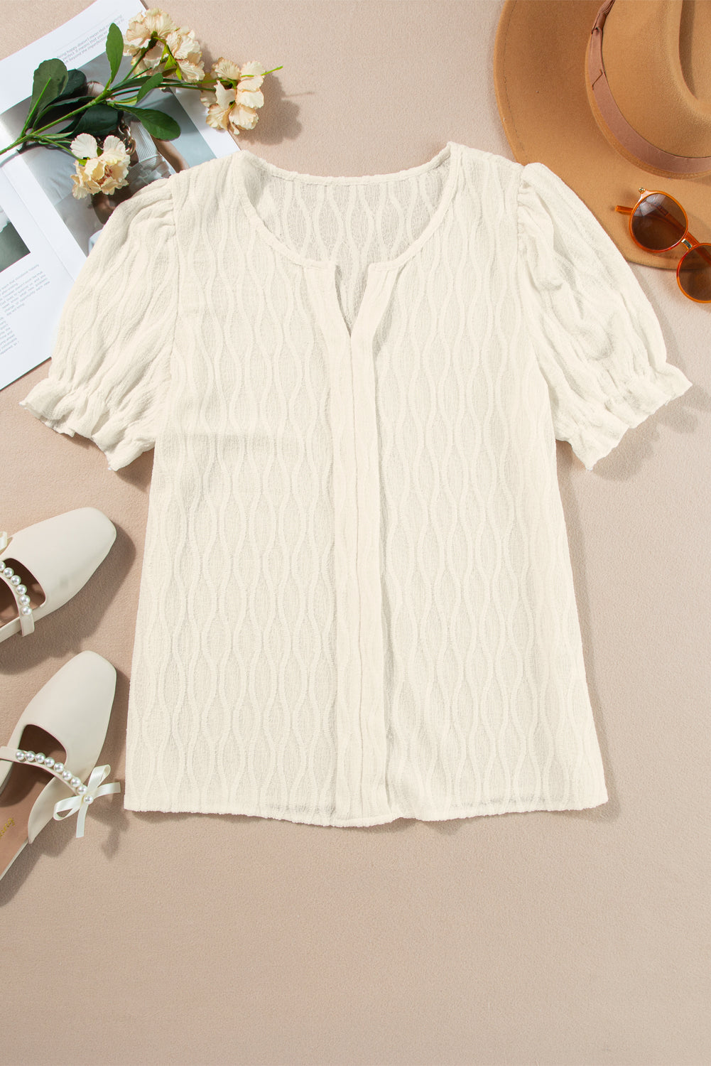 Solid Textured Notched Neck Puff Sleeve Blouse