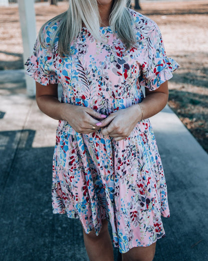 Floral Short Sleeve Tiered Dress