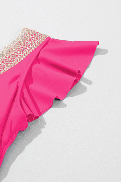 Ruffle Lace Trim V-Neck Short Sleeve Swim Dress