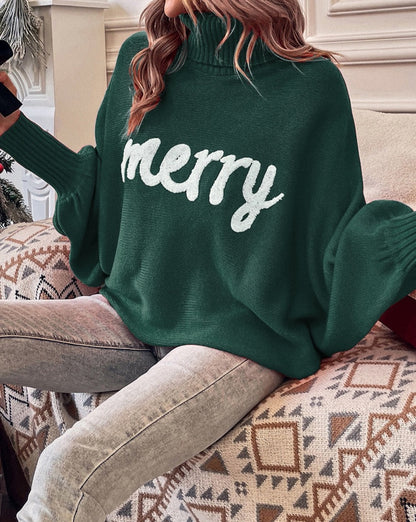 Embroidered Merry Turtleneck Sweater