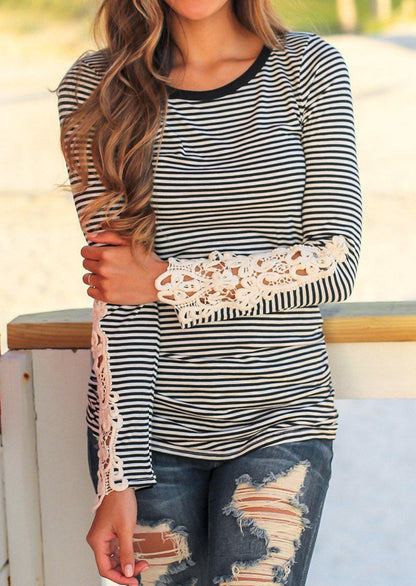 Stripe Crochet Lace Sleeve Top