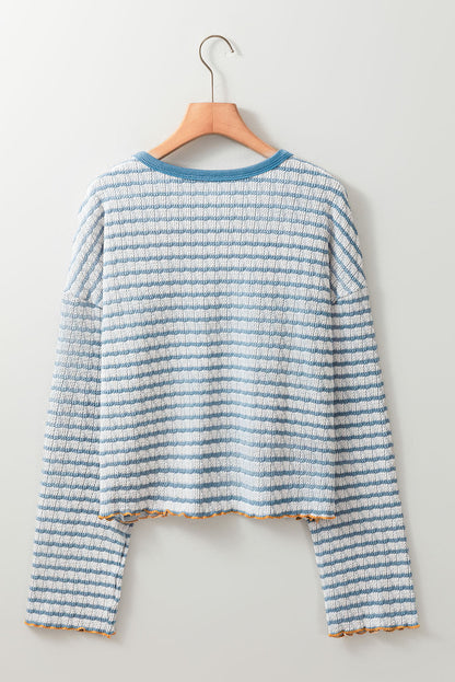 Stripe Textured Long Sleeve Henley Top