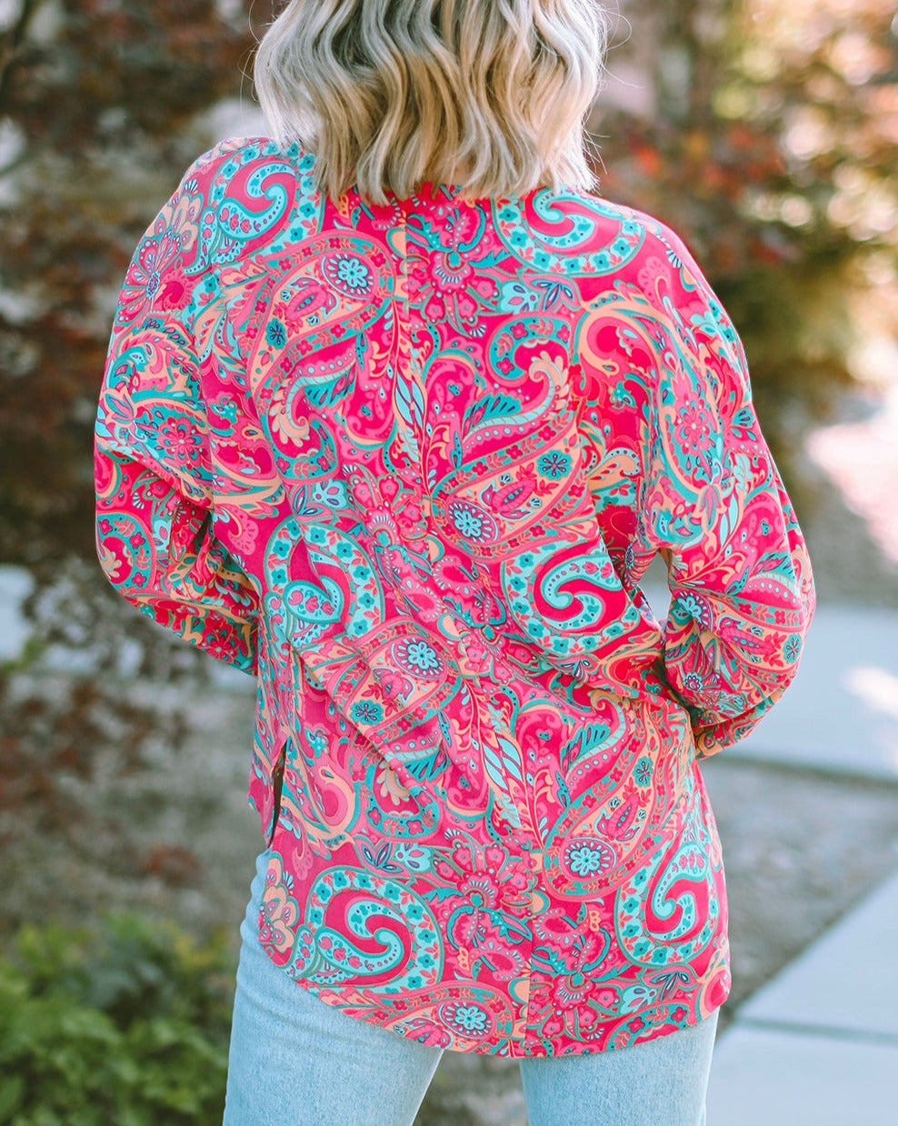 Paisley Tab Sleeve V-Neck Blouse