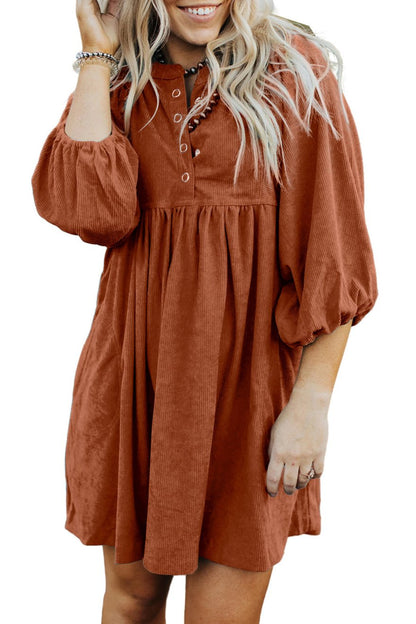 Corduroy Buttoned 3/4 Sleeve Dress