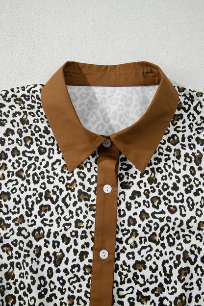 Plus Size Leopard Contrast Trim Puff Sleeve Blouse