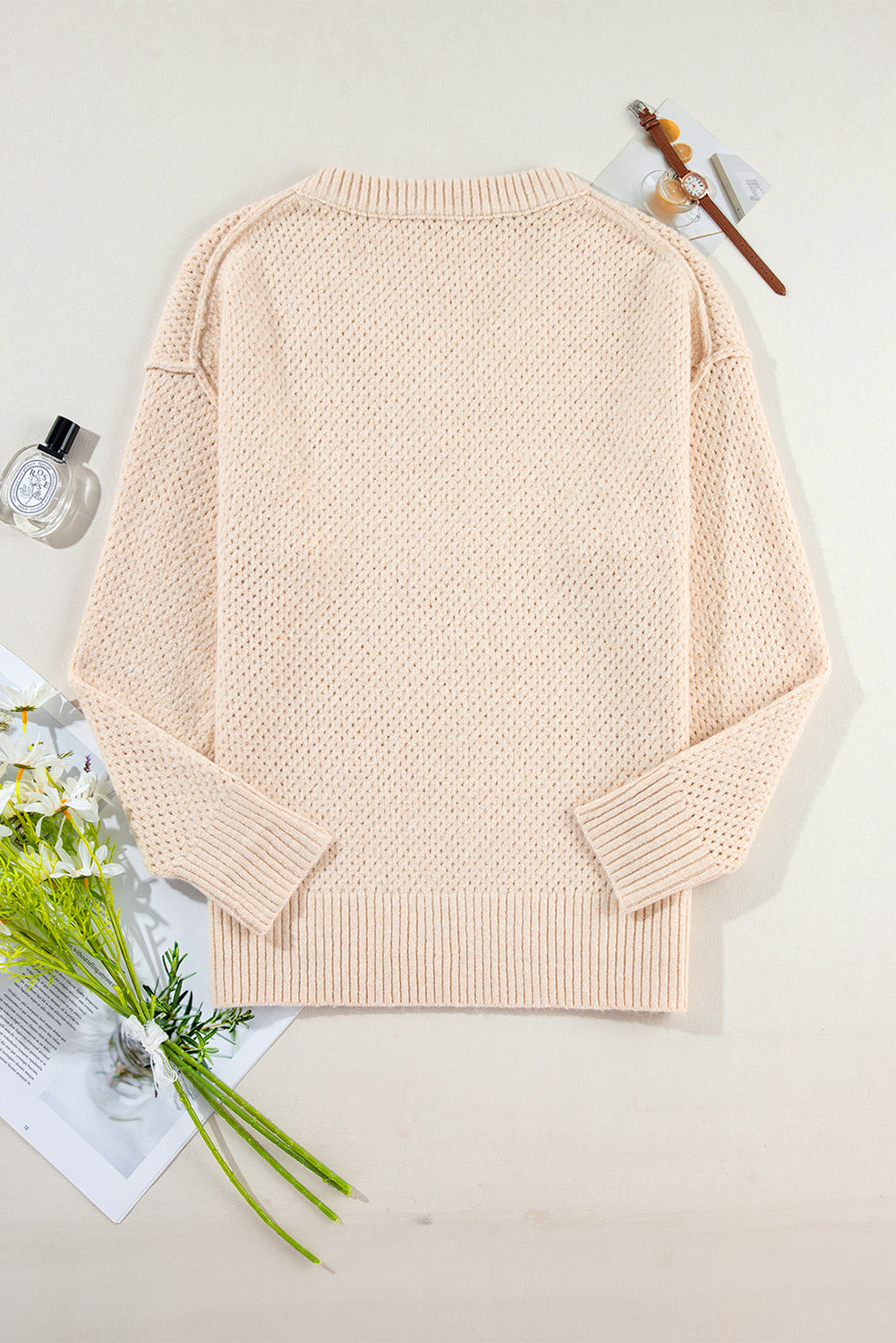 Eyelet V-Neck Drop Shoulder Sweater