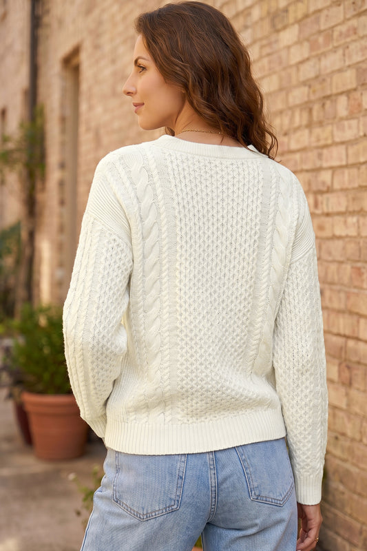 Solid Cable Knit Round Neck Long Sleeve Sweater