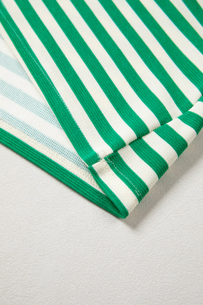 Stripe Contrast Trim Polo Collar Ruffle Sleeve Blouse