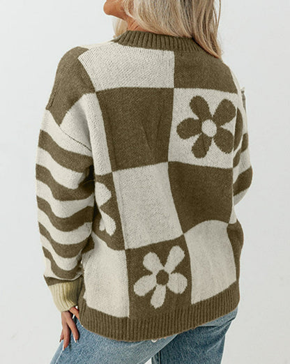 Checkered Floral Stripe Colorblock Sweater