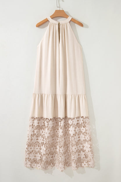 Floral Sheer Lace Patchwork Halter Maxi Dress
