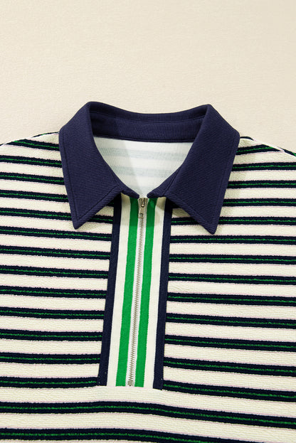 Stripe Contrast Trim Collared Zip Long Sleeve Top