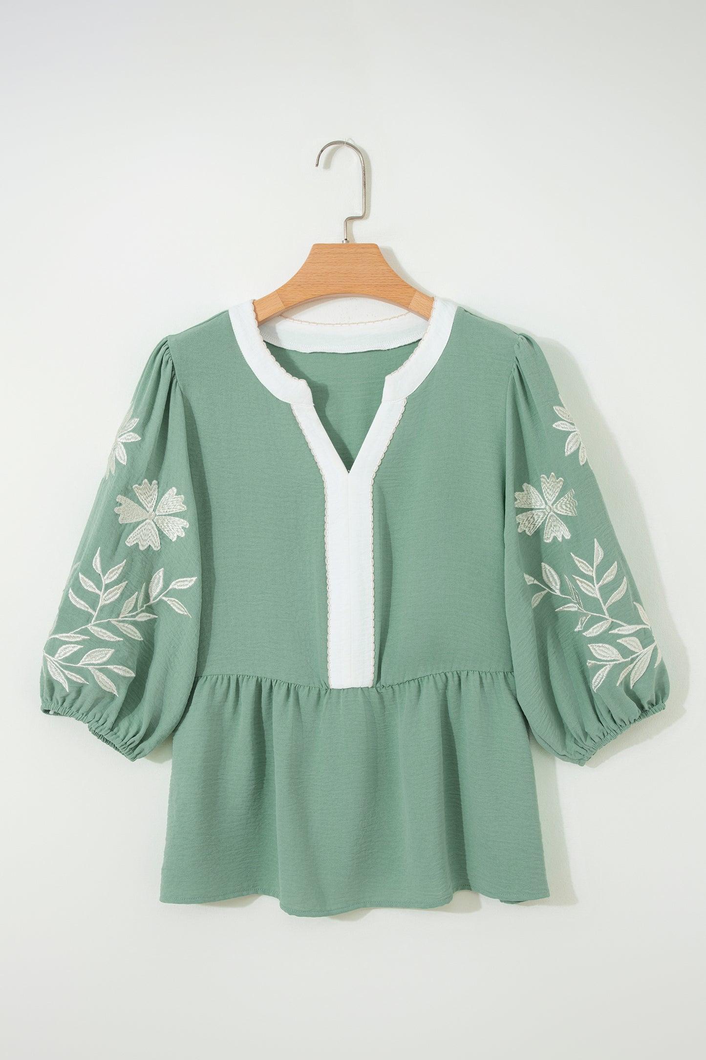 Floral Embroidered V-Neck Puff Sleeve Babydoll Blouse