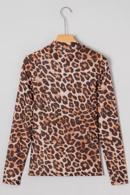 Leopard Mesh Mock Neck Long Sleeve Top