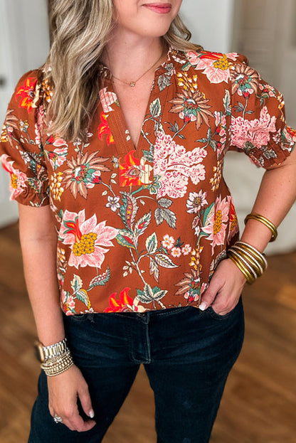 Plus Size Floral Frilled Puff Sleeve Blouse