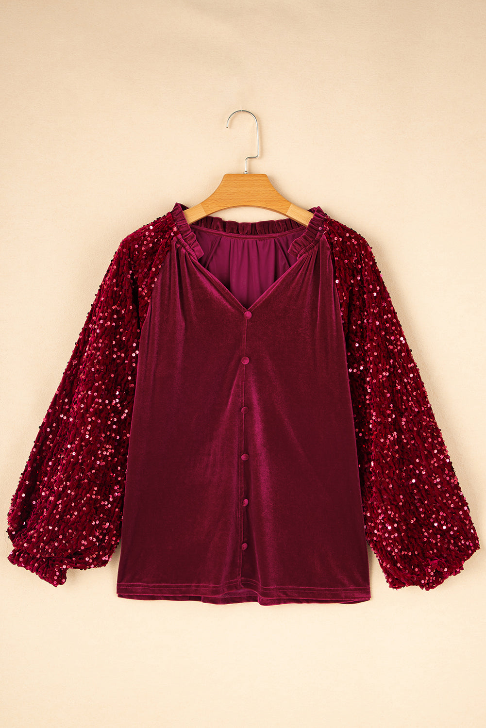 Sequin Velvet Buttoned V-Neck Top