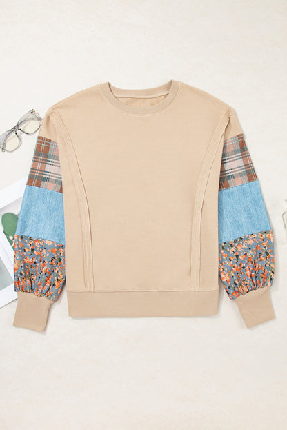Plaid Patchwork Long Sleeve Raw Seam Sweatshirt
