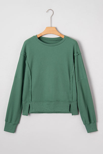 Solid Ribbed Raw Seam Patchwork Drop Shoulder Sweatshirt
