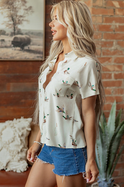 Mallard Button Flap Pocket Collared Blouse
