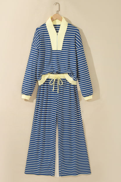 Stripe Colorblock Zip V-Neck Pullover and Pants Set