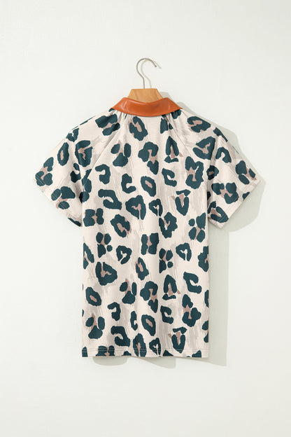 Leopard Buttoned Contrast Collar Short Sleeve Blouse