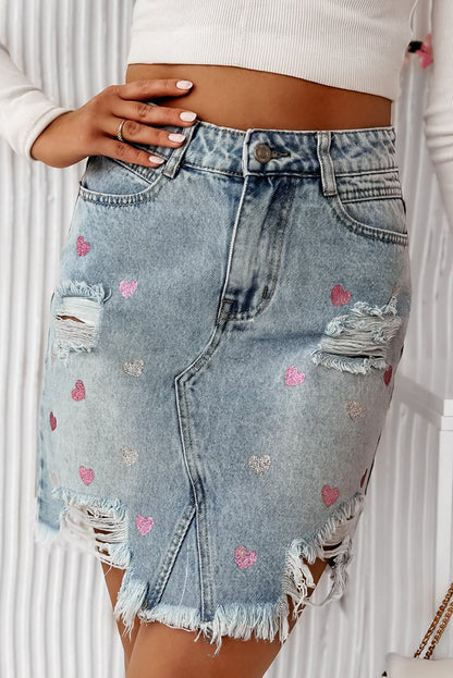 Denim Glitter Heart Mini Skirt