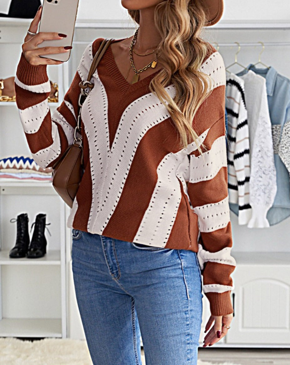 Colorblock Chevron Stripe V-Neck Sweater