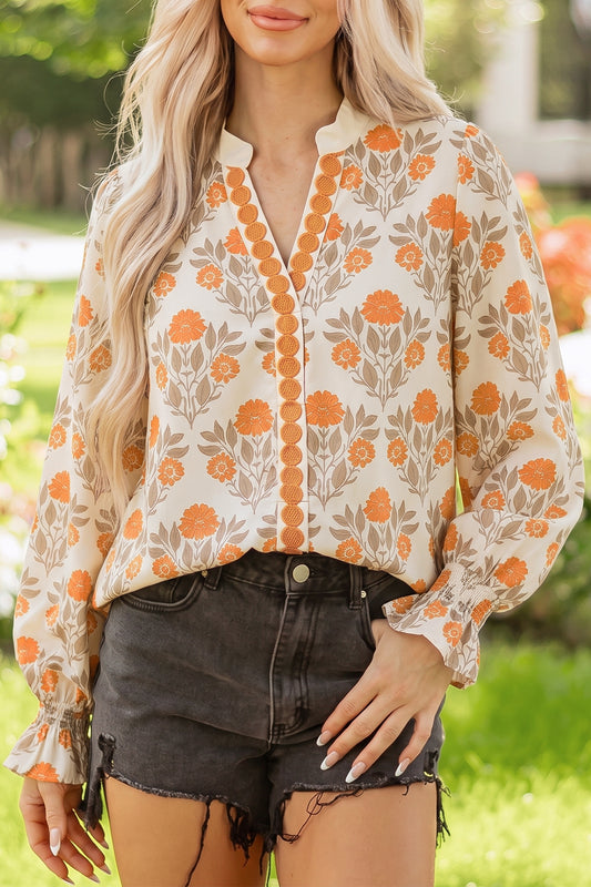 Floral Contrast Detail V-Neck Long Sleeve Blouse